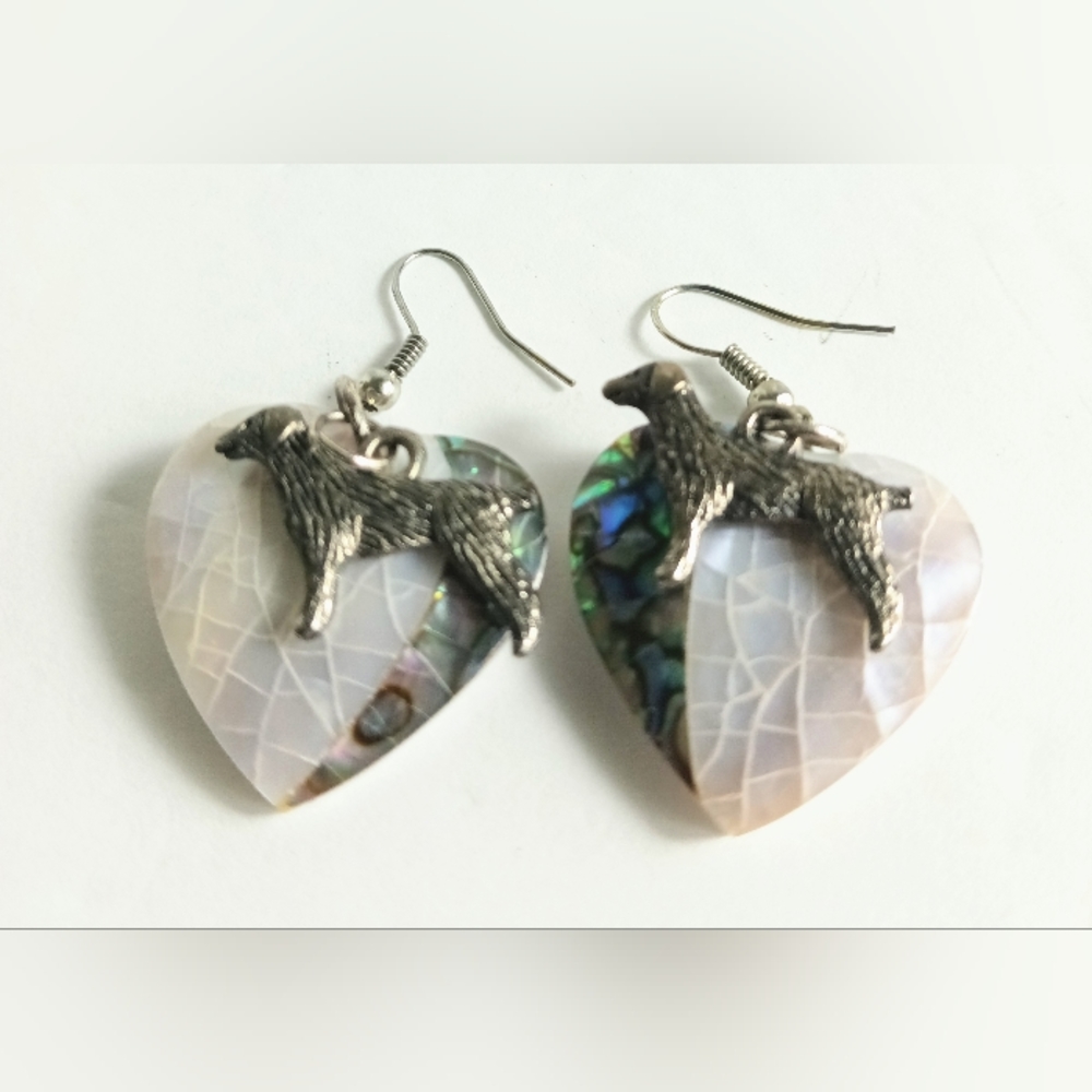 Natural Handcrafted Mother of Pearl Abalone Heart and Dog Charm Earrings